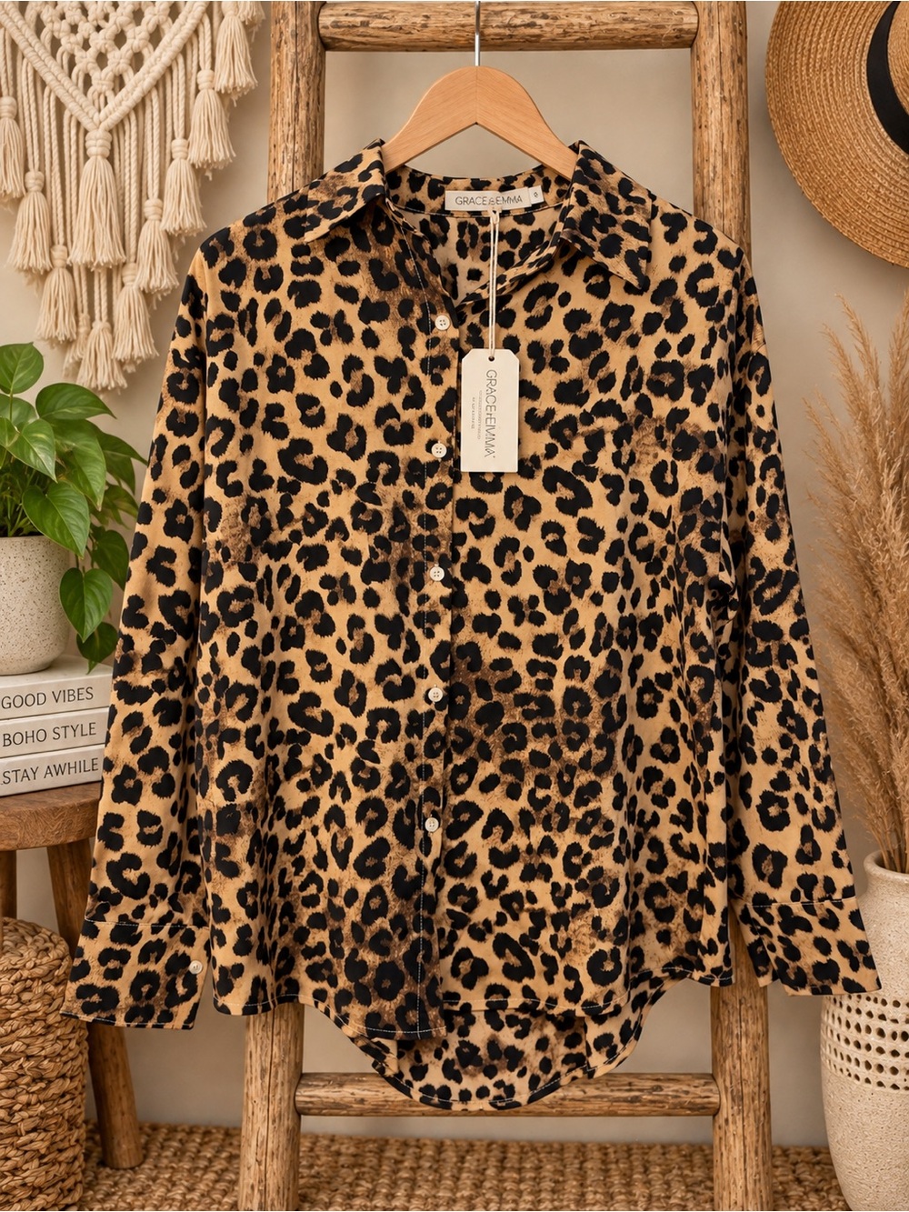 Leopard Print Button-Down Shirt in Tan & Black